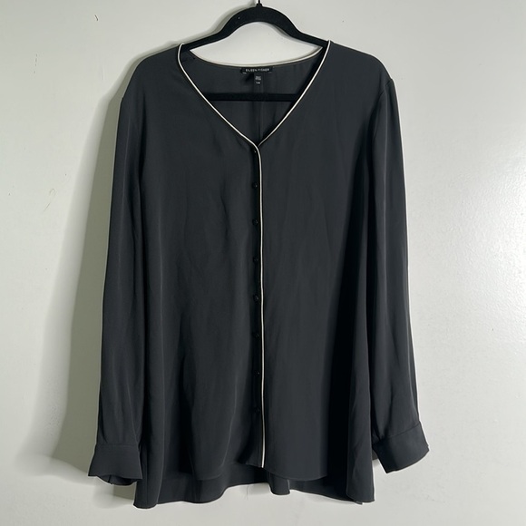 Eileen fisher slik dark gray button down vneck blouse size large - Picture 3 of 7